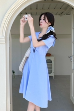 蓝色学院风海军领连衣裙女2025夏季新款法式小个子洋气减龄A字裙，女装连衣裙，2C285