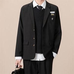 气质英伦风贴标休闲西装外套新款韩版宽松男设计感西服 W44图片