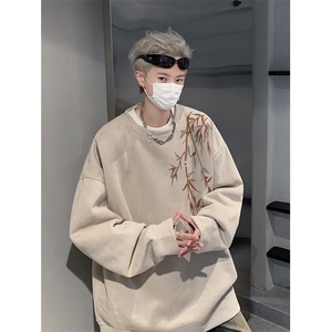 2025秋季新款风竹叶印花麂皮绒宽松圆领卫衣wyjp262-特35控69图片