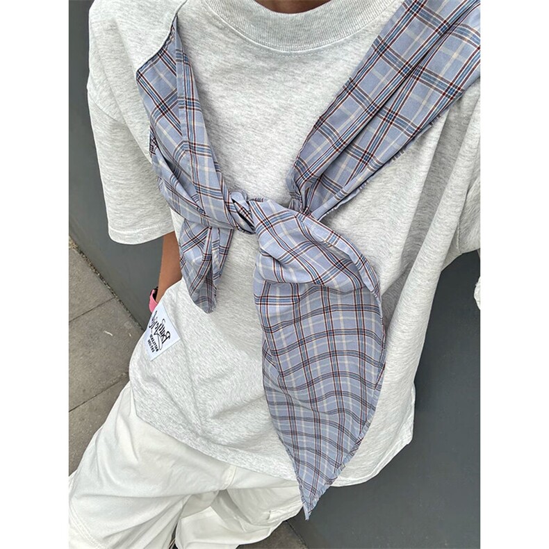 拼接格子布装饰高品质260克双纱纯棉美式高街短袖T恤特P35，男装T恤，电商A486