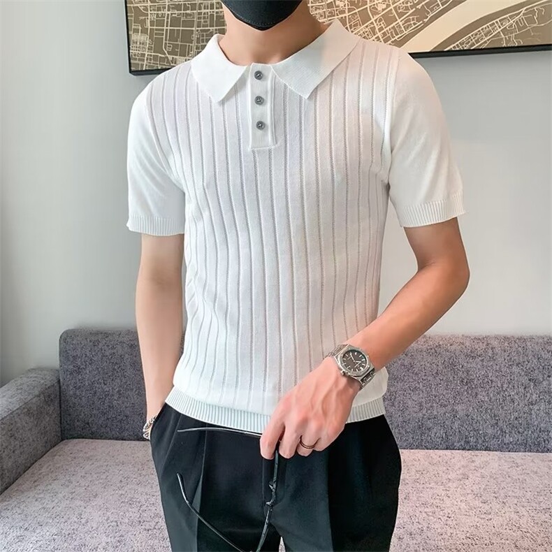 夏季复古男装净色宽松翻领针织衫男休闲提花竖纹短袖Polo衫 M819图片