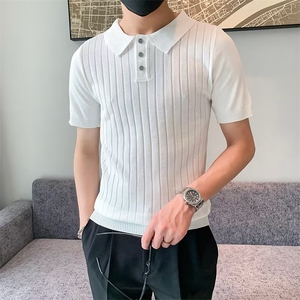 夏季复古男装净色宽松翻领针织衫男休闲提花竖纹短袖Polo衫 M819图片