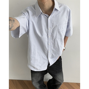 条纹短袖衬衫男夏季休闲百搭翻领衬衣潮牌薄款外套潮图片