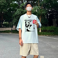 抖音得物品质二开240克宽松纯棉美式潮牌印花三条杠中性风短袖T恤，男装T恤，电商A486