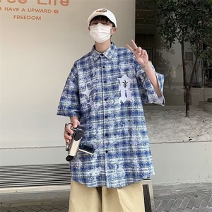 格子短袖衬衫男夏季日系复古宽松休闲五分袖衬衣美式高街潮牌外套图片