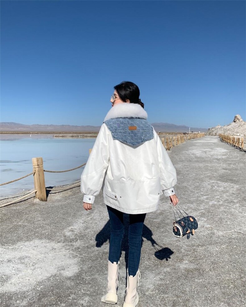 『现货』牛仔拼接派克羽绒服可拆卸，女装羽绒服，百妹仟红