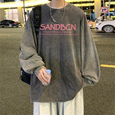 直播品质重磅纯棉美式蜡染水洗做旧潮牌宽松长袖t恤CT303特P38，男装T恤，电商A486