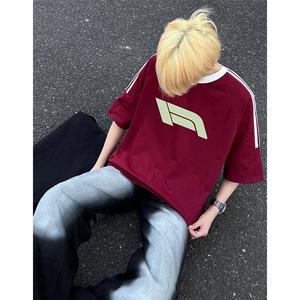 夏季美式高街重磅纯棉三条杠织带撞色男女短袖T恤ZD632-特P30图片