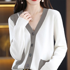 秋冬羊毛开衫女V领撞色外穿长袖毛衣宽松百搭针织外套，女装针织衫/毛衣，唯若美羊绒