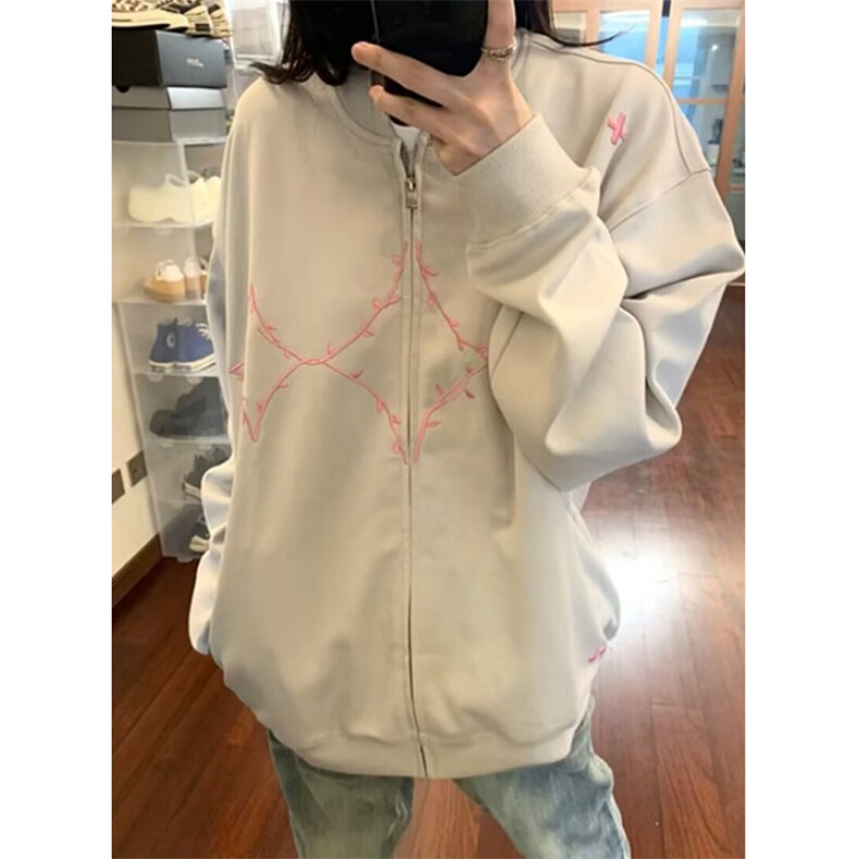 球服外套女秋冬2026情侣刺绣格纹拉链宽松显瘦开衫夹克JWT62,男装夹克,星座1116A（原606A-3）