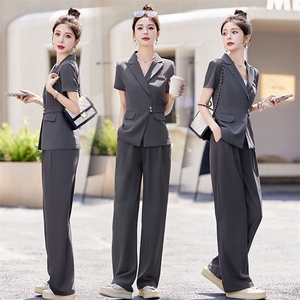 职业装短袖西装两件套女2024夏季新款显瘦气质通勤垂感阔腿裤套装，女装套装/套裙，雅佳俏