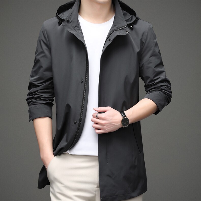D9803春秋新款男士中长款风衣连帽外套简约通勤商务男装，男装风衣，电商B360