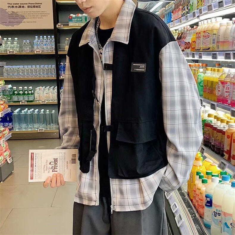 春秋季日系潮牌工装外套男假两件潮流宽松港风机能风W1666-P55,男装衬衫,星座512-4