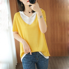 新款纯棉麻短袖女假两件连帽拼色针织休闲T恤宽松韩版半袖上衣薄，女装T恤，秋虹羊绒