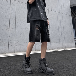 美式宽松水洗高街休闲五分裤夏季新款黑色破洞牛仔短裤YS231 P37图片