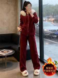 女秋冬新款时尚休闲套装宽松显瘦短款连帽毛领外套阔腿长裤两件套图片