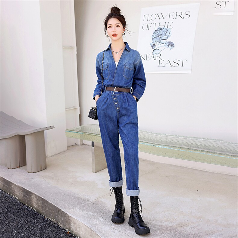 时尚显瘦牛仔连体裤女宽松高腰长袖工装裤休闲百搭气质女装,女装连体裤,秋水欣儿