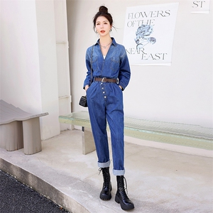 时尚显瘦牛仔连体裤女宽松高腰长袖工装裤休闲百搭气质女装图片