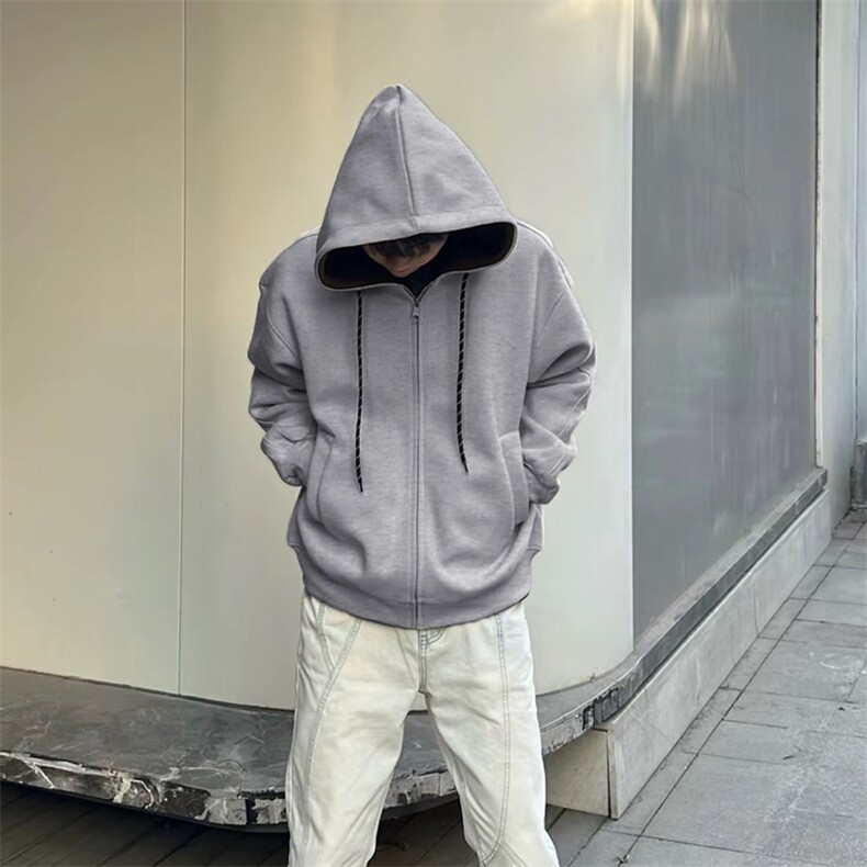 抖音得物二开美式高街重磅结构双层撞色连帽卫衣开衫外套W116图片
