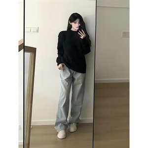 重磅秋冬男女纯色打底针织衫圆领套头半高领毛衣美式复古休闲上衣图片