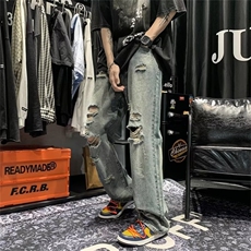 水洗破洞牛仔裤男夏季潮高街裤子设计感街舞裤NK321-P42，男装牛仔裤，星座1001-1