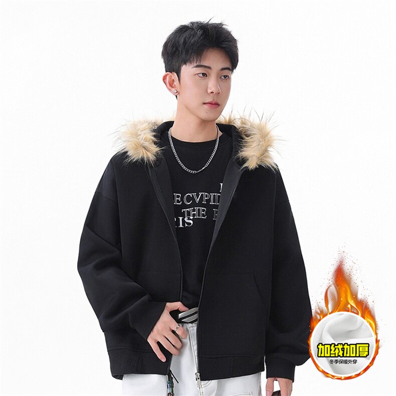 480G重磅加绒硬挺boxy秋冬美式高街超大毛领座山雕连帽卫衣厚外套，女装短外套，电商A486-1