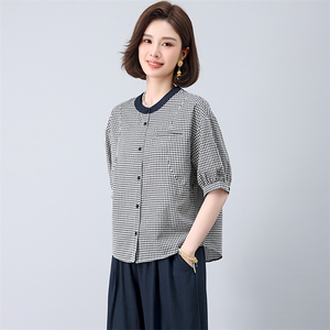 小个子格子圆领衫女夏季韩版休闲宽松年轻款妈妈薄款衬衫上衣潮图片