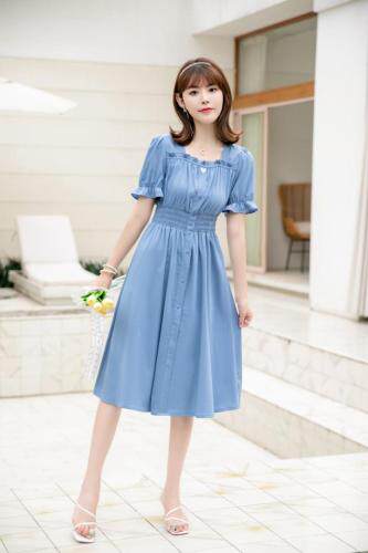 夏季新款韩版蓝色淑女爱心连衣裙，女装连衣裙，水锦红