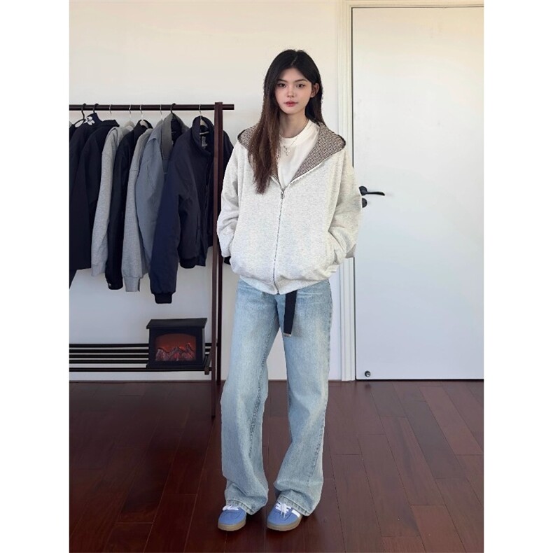 复古千鸟格双面穿格子拉链开衫卫衣cleanfit外套WY189,女装短外套,星座516A