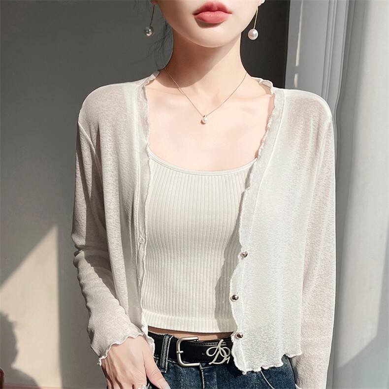 夏季女士轻盈舒适百搭网纱木耳边小开衫,女装蕾丝衫/雪纺衫,圣丽羊绒