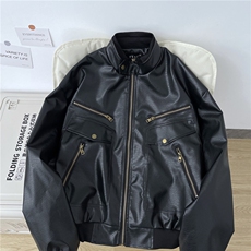 美式复古肌理设计感PU皮衣夹克boxy多口袋廓形机车服外套潮，男装夹克，星座506A