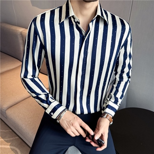满天星烫钻条纹垂感衬衫男长袖时尚设计感衬衣黑色C9918-P68图片