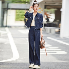 欧货牛仔套装女2025秋装新款时尚高端洋气减龄短外套阔腿裤两件套，女装套装/套裙，E百度