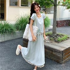 韩版蕾丝拼接上衣半身裙套装女2025夏季新款甜美显瘦超好看两件套，女装套装/套裙，2C118