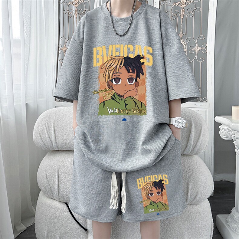 初高中生运动套装男夏季华夫格短袖t恤潮牌痞帅冰丝休闲短裤一套,男装牛仔裤,星座1904A-1