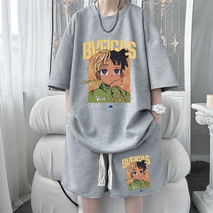 初高中生运动套装男夏季华夫格短袖t恤潮牌痞帅冰丝休闲短裤一套图片