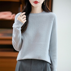 新款圆领针织套头上衣时尚百搭简约风，女装针织衫/毛衣，昭美羊绒