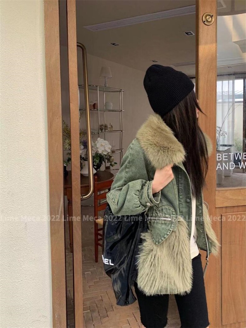 【现货】2022年冬季环保毛拼接牛仔羽绒服，女装羽绒服，Lime meca 俪米