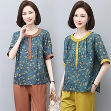 新款韩版大码遮肉印花复古棉麻衬衫女夏短袖遮肚子上衣，女装T恤，璐依舞