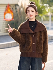 DLM8653冬季新款休闲针织大翻领皮毛一体90白鸭绒内胆百搭外套，女装羽绒服，朵莱米