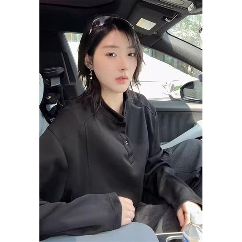 抖音得物品质美式高街重磅曼巴棉拼接cleanfit亨利领卫衣长袖T恤,男装T恤,电商A486