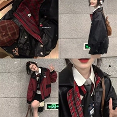 美拉德双面穿外套女秋季新款宽松百搭刺绣小个子格子拼接夹克上衣，女装短外套，星座506A
