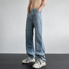 秋冬季潮牌欧美高街vibe裤子黄泥色毛边牛仔裤男款N06082-P50，男装牛仔裤，星座308B-1