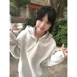 美式高街斜拉链连帽卫衣男女款春秋宽松青少年情侣装字母刺绣外套图片