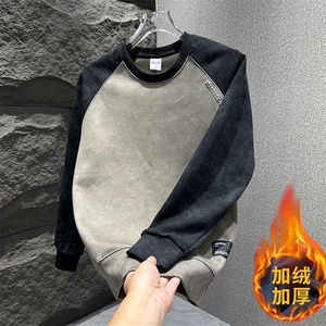 韩版圆领男士加绒卫衣撞色拼接设计感休闲衣服青年扎染上衣成熟风图片