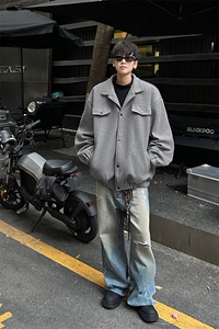 加棉加厚秋冬新款毛呢外套男潮牌宽松痞帅棉衣夹克-A1550P80控128图片