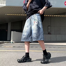 美式七分裤夏季新款满印挂饰阔腿街头宽松直筒中裤潮BM1155P52，男装牛仔裤，星座1013-5