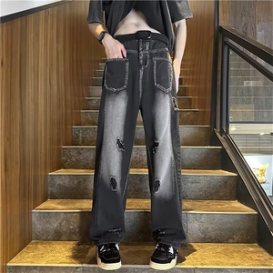 青春流行ins男原宿美式vibe裤子直筒拉链牛仔裤潮TG13P46图片
