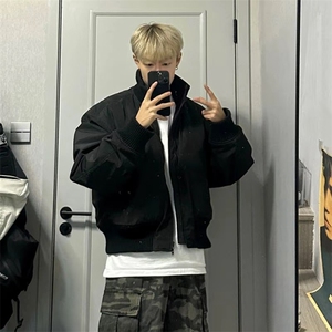 抖音得物美式潮休闲夹克春季立领纯色复古工装加厚棉服外套MF01