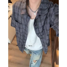 蓝色格子冰丝短袖衬衫男女夏季薄款速干防晒衬衣五分袖外套CS55，男装防晒衣，星座1116A（原606A-3）